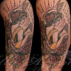 Tattoos - Gypsy lady with roses thigh  - 115548